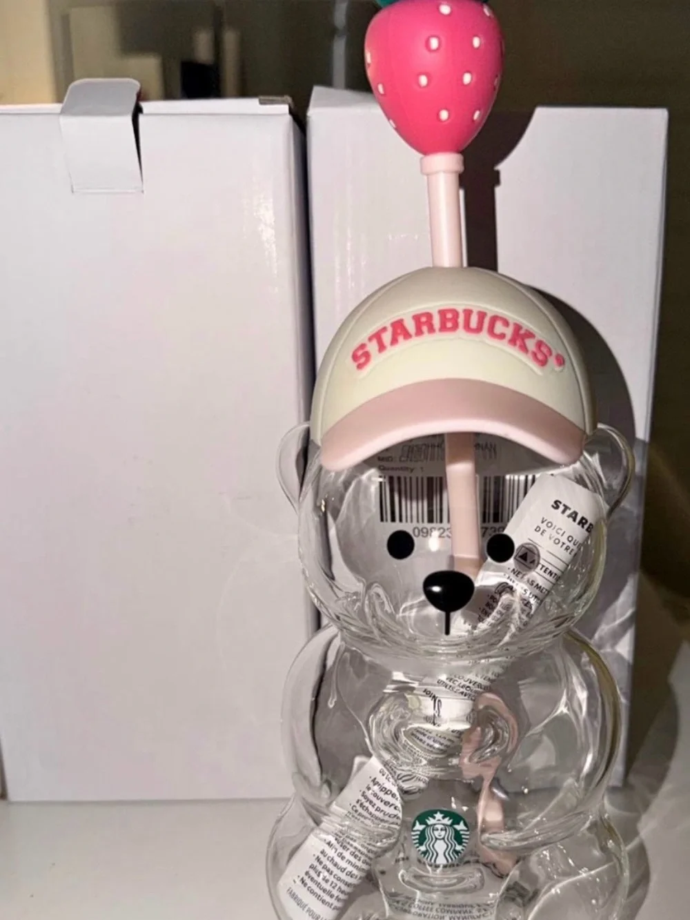 New in Box Starbucks Clear Bear Tumbler with Pink Strawberry Lid and Cream Cap